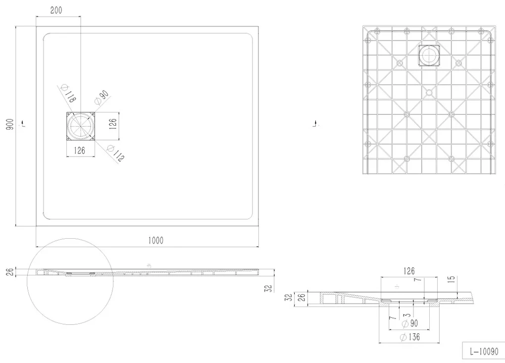 Erga Hyper, SMC sprchová vanička 100x90x2,6 cm + sifón, čierna matná, ERG-V06-SMC-9010S-BK