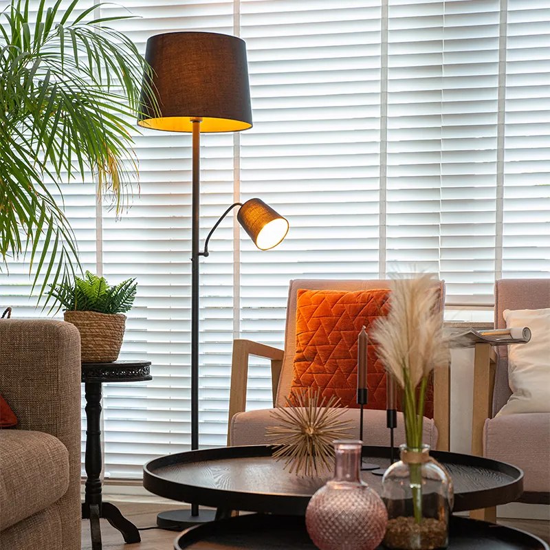 Klasická stojaca lampa čierna so zlatom a lampou na čítanie - Retro