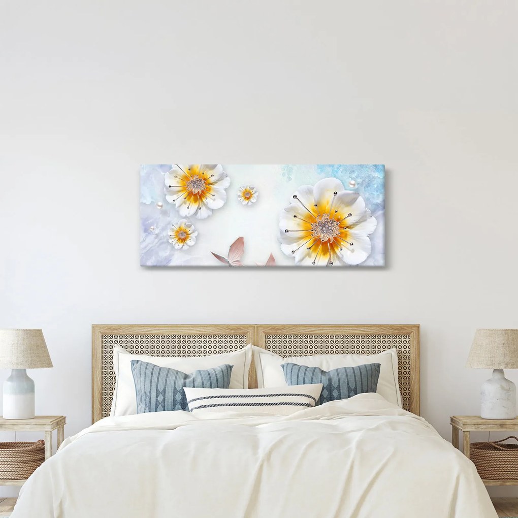 Obraz - Kompozícia s kvetmi a motýľmi (120x50 cm)