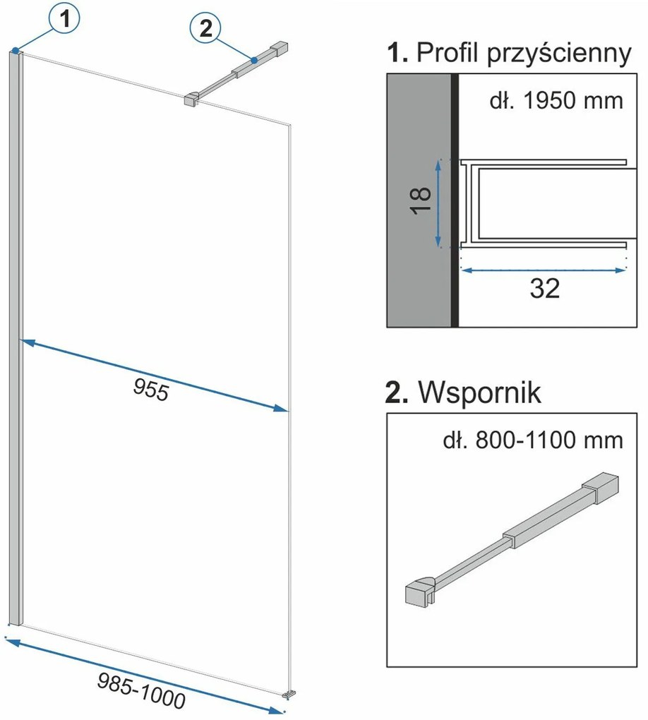 Rea Aero Ombre, sprchová zástena Walk-In 100x195 cm, 8mm číre sklo s čiernym vzorom, čierny matný profil, REA-K2460