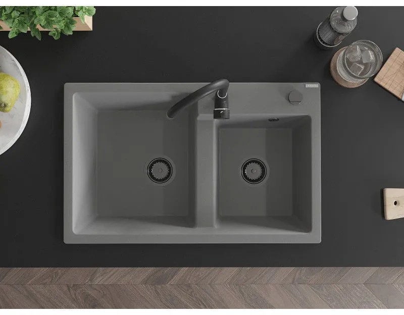 Mexen Tomas, granitový drez 800x500x190 mm, 2-komorový a čierna batéria Telma, šedá, 6516-71-670200-70-B