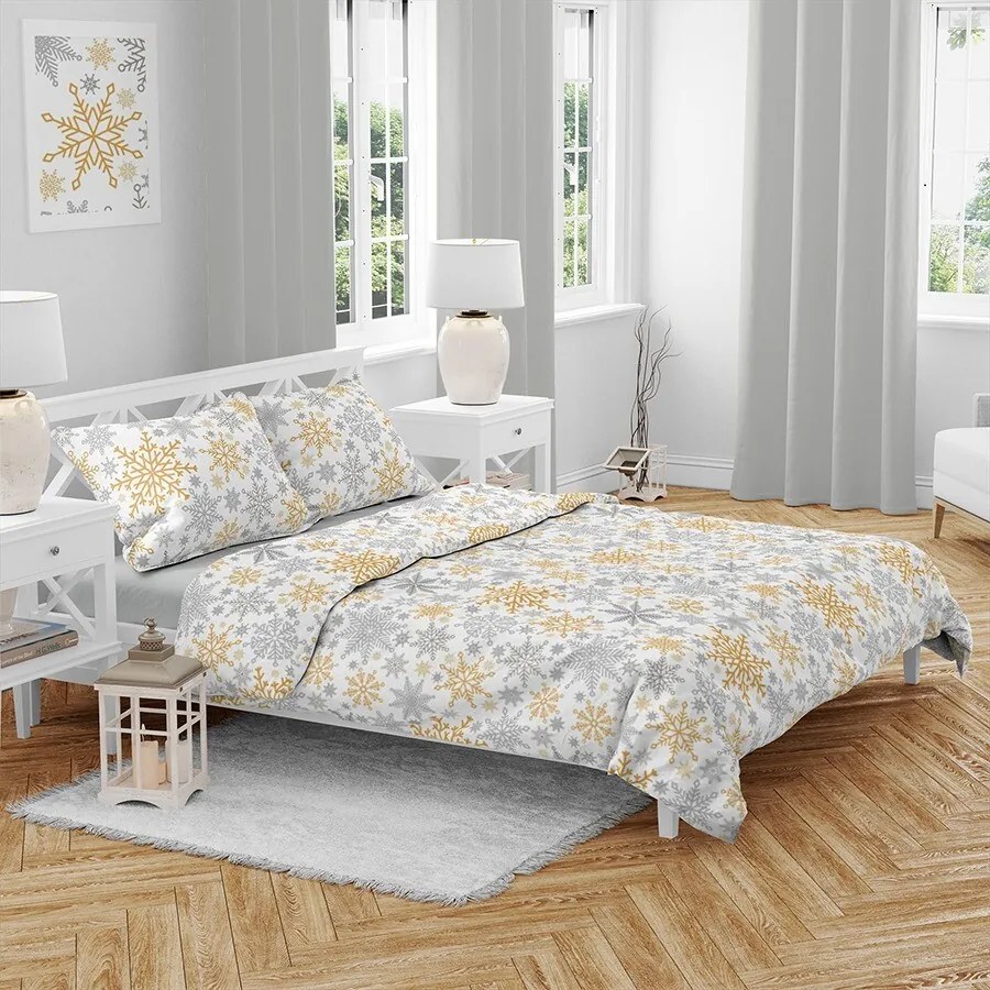Vianočné bavlnené obliečky Vločky zlaté, 140 x 200 cm, 70 x 90 cm