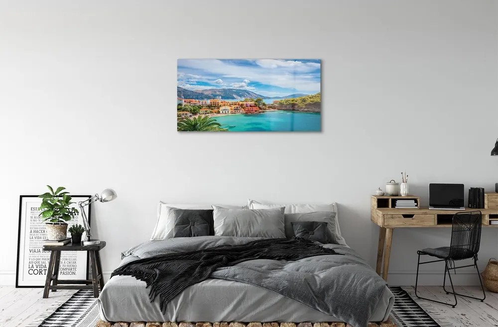 Sklenený obraz Grécko morská pobrežie hory 125x50 cm