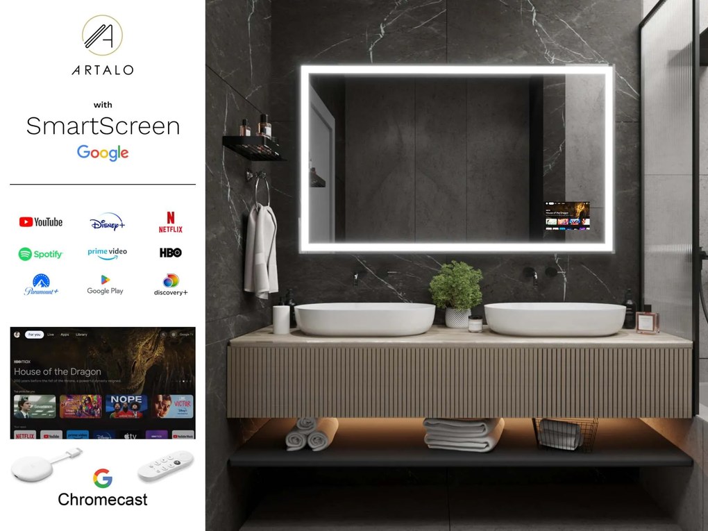SMART Zrkadlo do kúpeľne s LED osvetlením M1 premium + SmartScreen with Google Chromecast