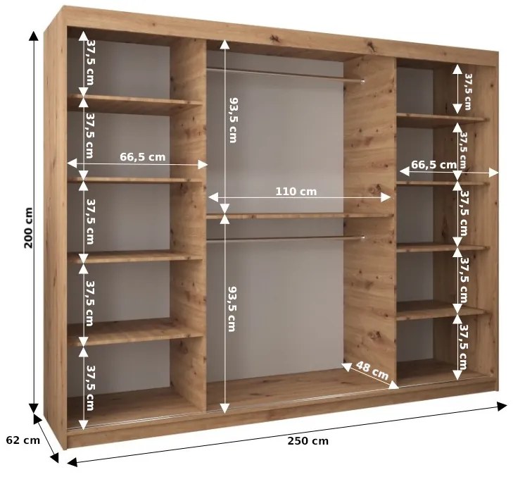 Šatníková skriňa 250 cm Toki 3 (Biela matná + Biela matná). Vlastná spoľahlivá doprava až k Vám domov. 1065111