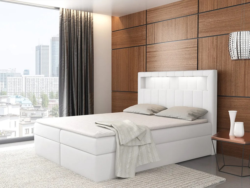 Kontinentálna posteľ Areto 180x200, biela + LED