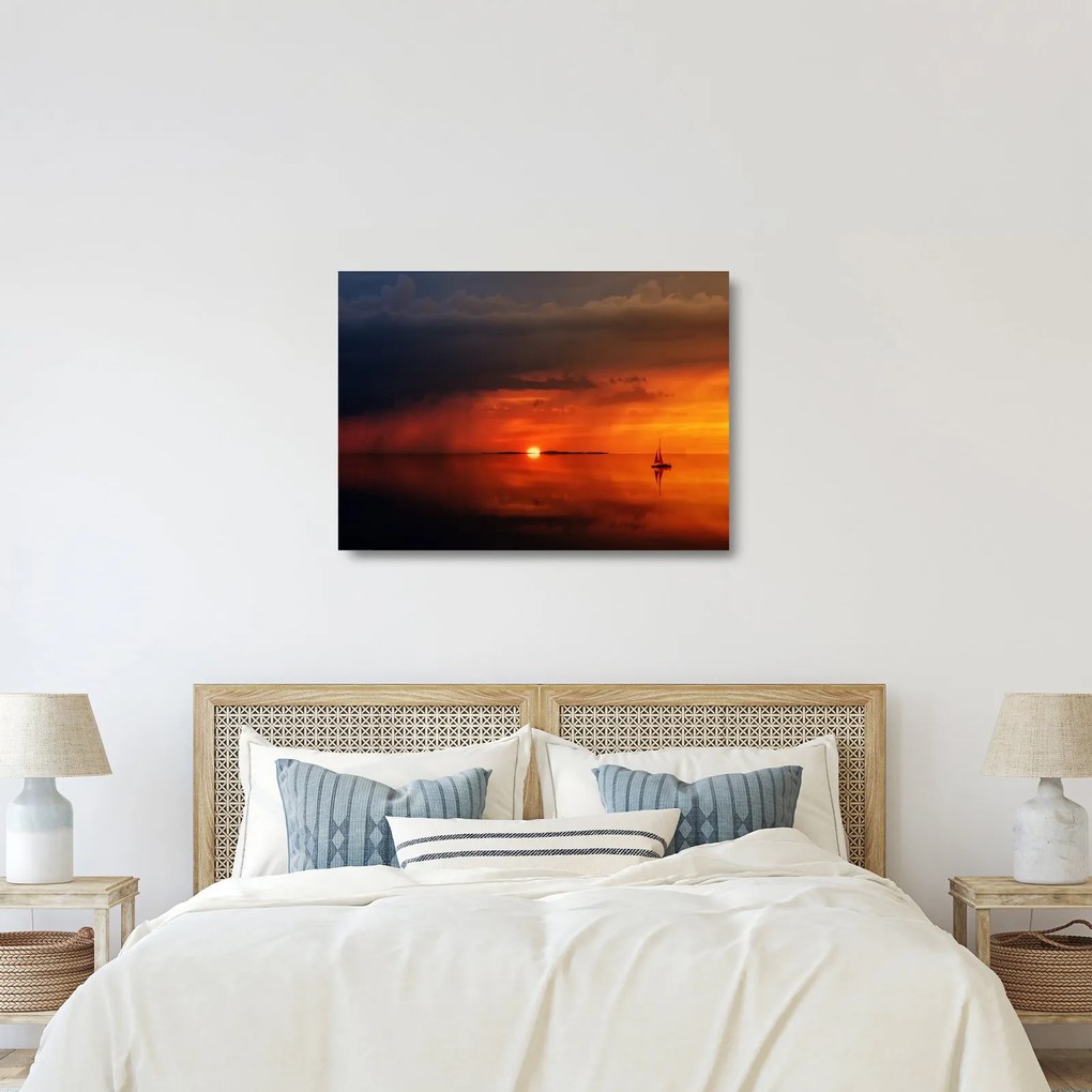 Sklenený obraz západu slnka s plachetnicou (70x50 cm)