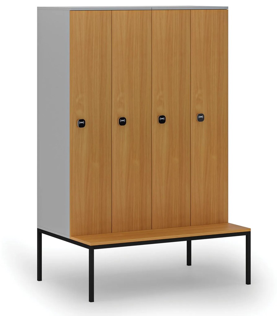 Drevená šatníková skrinka s lavičkou, 4 oddiely, 1871 x 1200 x 500/800 mm, RFID zámok, sivá/buk