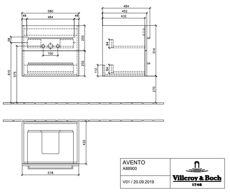 Villeroy & Boch AVENTO : spodná skrinka 580x514x452mm, 2 výsuvné diely, Crystal White, A88900B4
