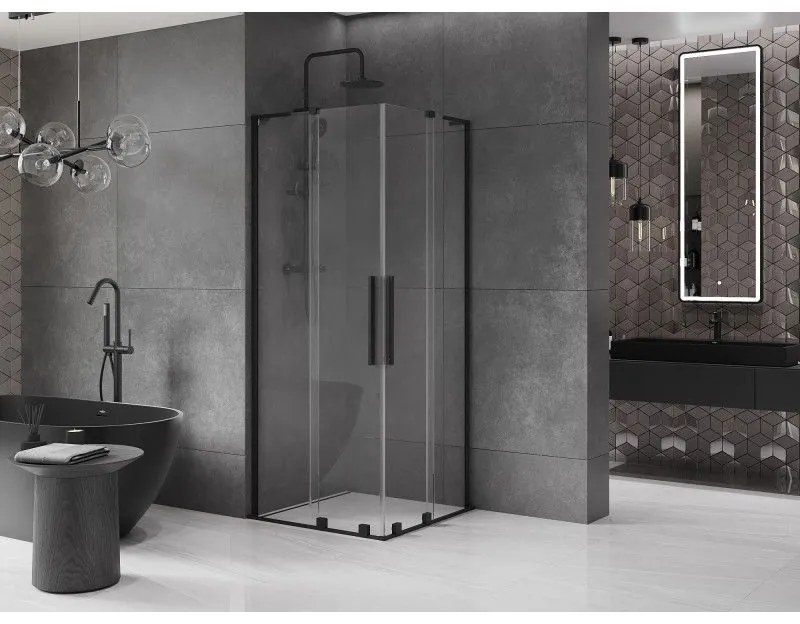 Mexen Velar L Duo, sprchový kút s posuvnými dverami 90 x 90 cm, 8mm číre sklo, čierna matná, 871-090-090-02-03-70