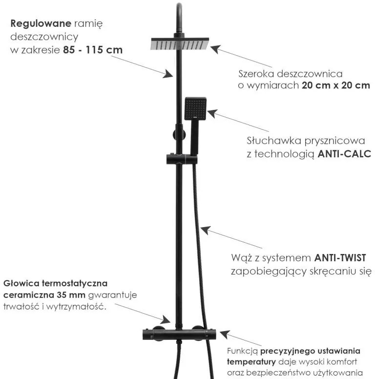 Erga Flova, sprchová súprava s termostatickou batériou a dažďovou hlavicou 20x20cm, čierna matná, ERG-YKA-BP.FLOVA THERM 20 BLK