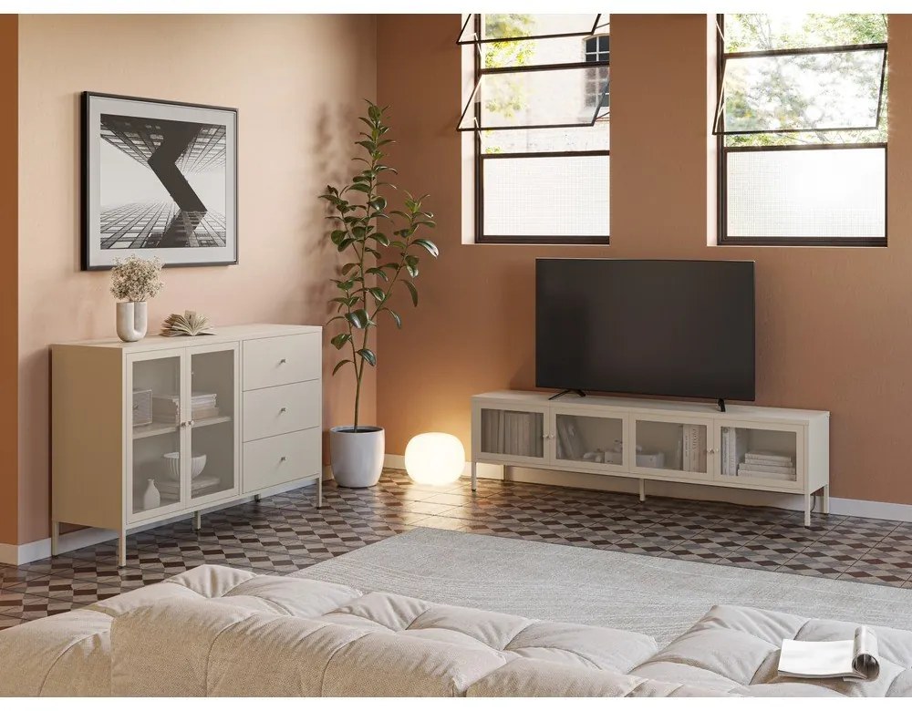 Krémovobiely kovový TV stolík 160x50x35 cm Fayna – Marckeric