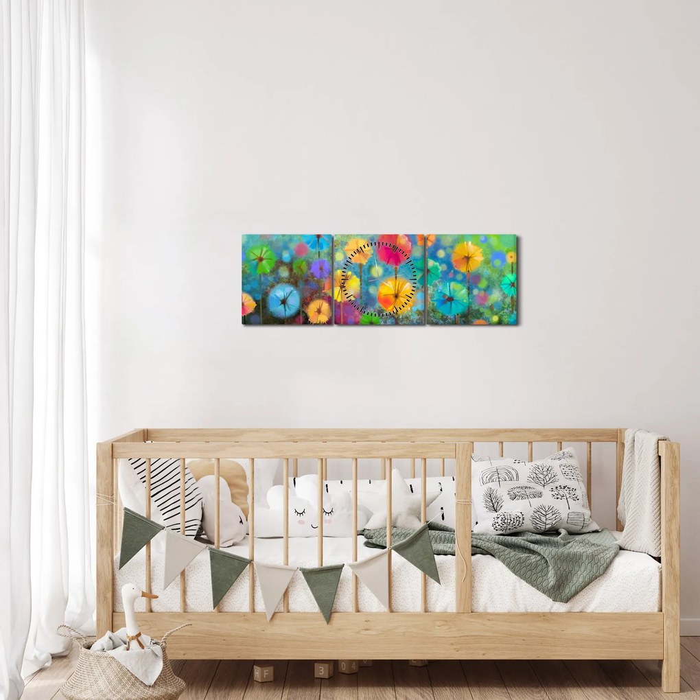 Obraz - Abstraktné kvety (s hodinami) (90x30 cm)