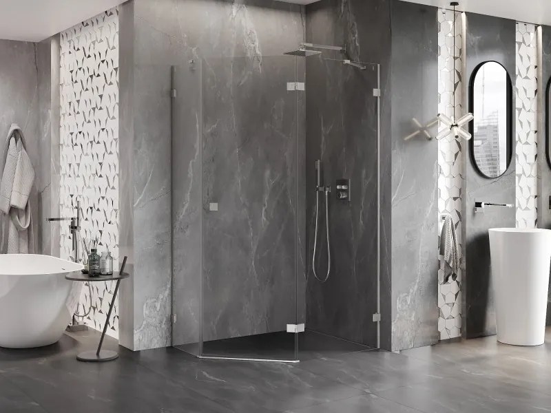 Mexen Lunar, pravý výklopný päťuholníkový sprchový kút 100 x 80 cm, 8mm číre sklo, oceľový profil, 831-100P-080L-97-00-P