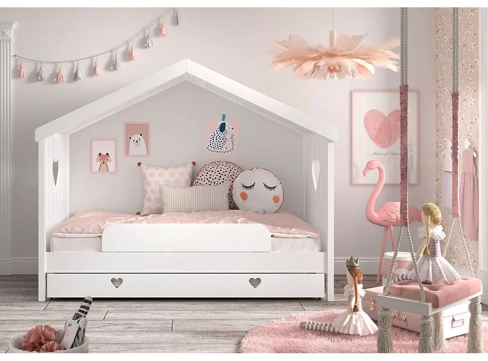 Biela domčeková detská posteľ z borovicového dreva s výsuvným lôžkom a úložným priestorom 90x200 cm AMORI – Vipack