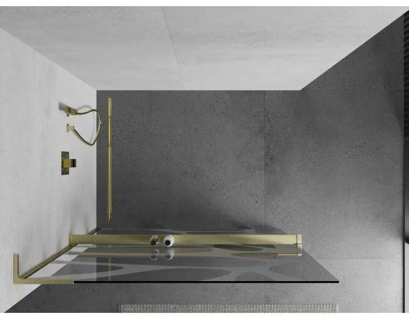 Mexen Kioto+ L, sprchová zástena Walk-In s poličkou a vešiakom 110 x 200 cm, 8mm číre sklo biely vzor, zlatý matný profil, 800-110-123-55-97