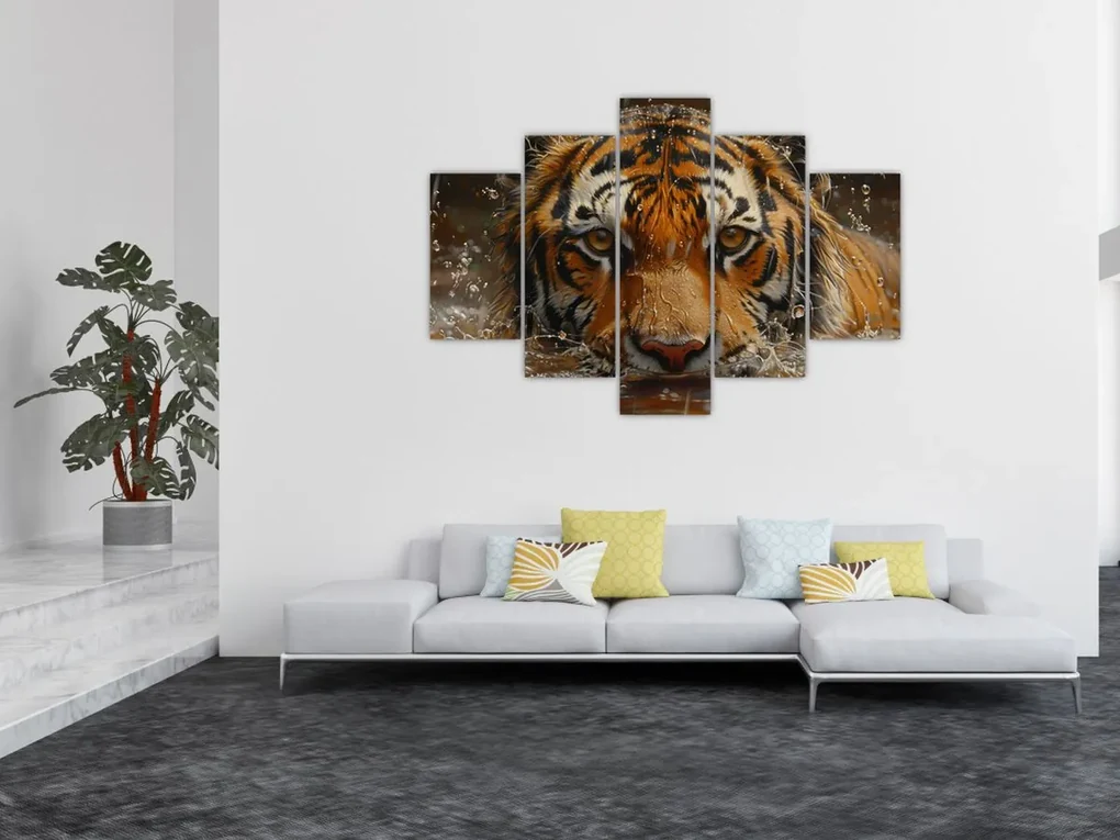 Obraz - Portrét tigra vo vode (150x105 cm)
