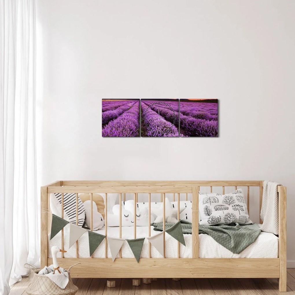 Obraz - Levanduľové pole pri západe slnka (s hodinami) (90x30 cm)