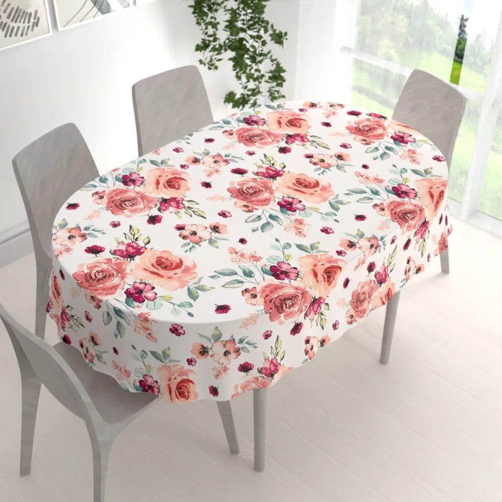Biante Bavlnený oválny obrus Sandra SA-669 Červeno-ružové akvarelové kvety 50x100 cm