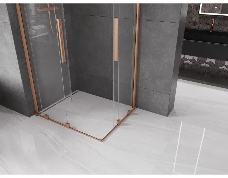 Mexen Velar Duo, sprchový kút s posuvnými dverami 90(dvere) x 80(dvere) cm, 8mm číre sklo, medená matná profil, 871-090-080-02-65