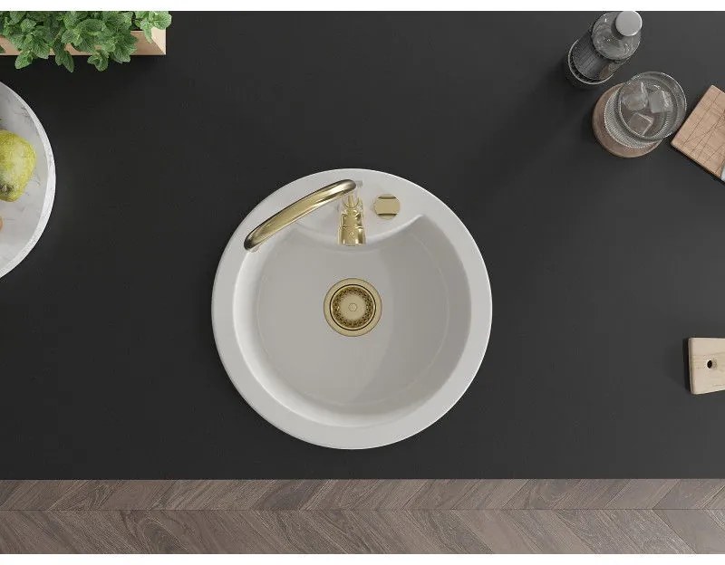 Mexen Diego, granitový drez 488x488x167 mm, 1-komorový, biela so zlatým sifónom, 6512481000-20-G