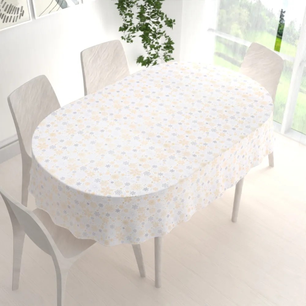 Biante Vianočný dekoračný oválny obrus PML-040 Sivé a béžové vločky 140x220 cm