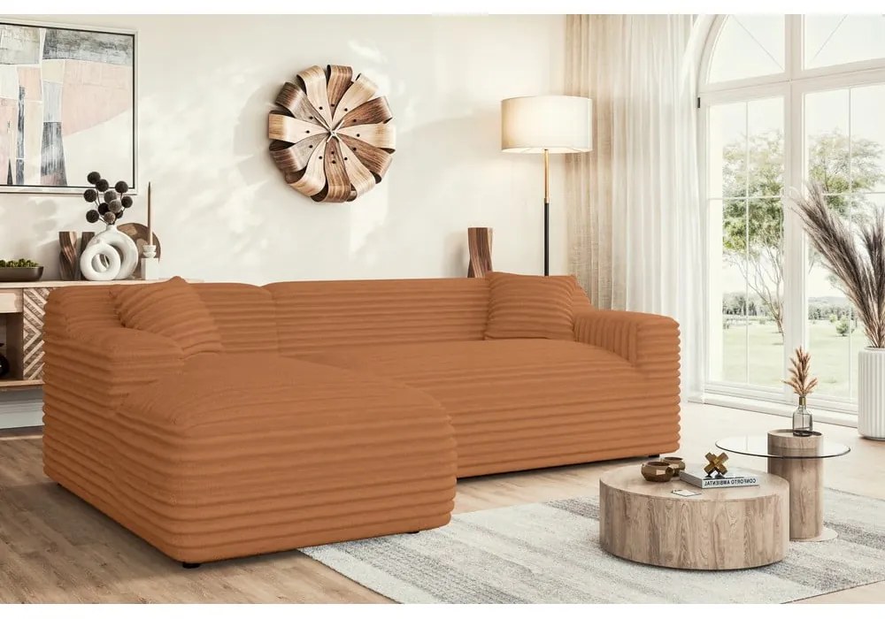 Menčestrová rohová pohovka v terakotovej farbe (ľavý roh/s leňoškou) Martin – Ropez