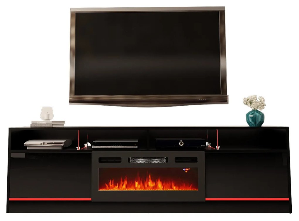 Luxusný TV stolík SANDRA čierna s elektrickým krbom + RGB osvetlenie