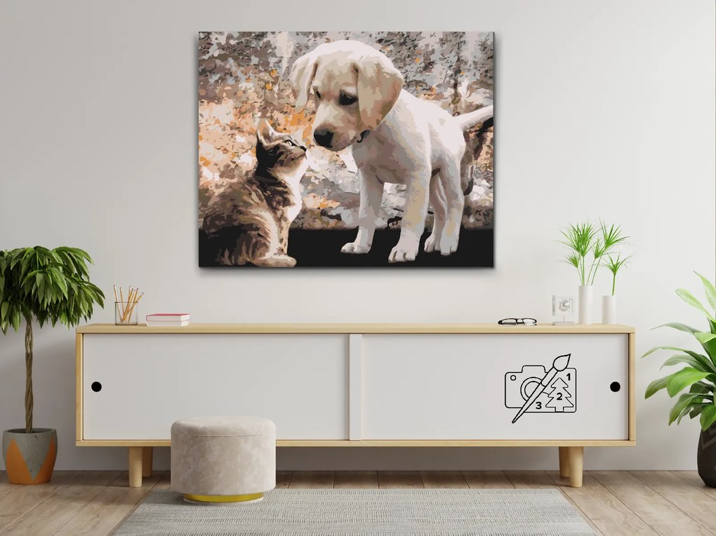 Gario Maľovanie podľa čísel Šteňa a mačiatko Rozmery: 50 x 40 cm, Rámovanie: Iba zrolované plátno