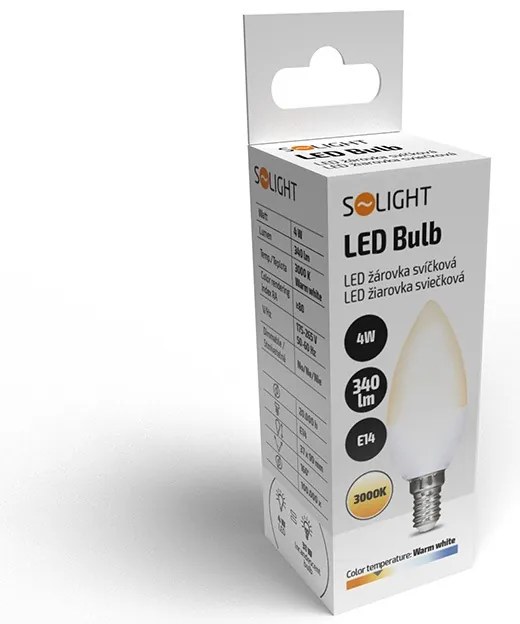 SOLIGHT LED žiarovka sviečka matná C37 4W, E14, 3000K, 340lm