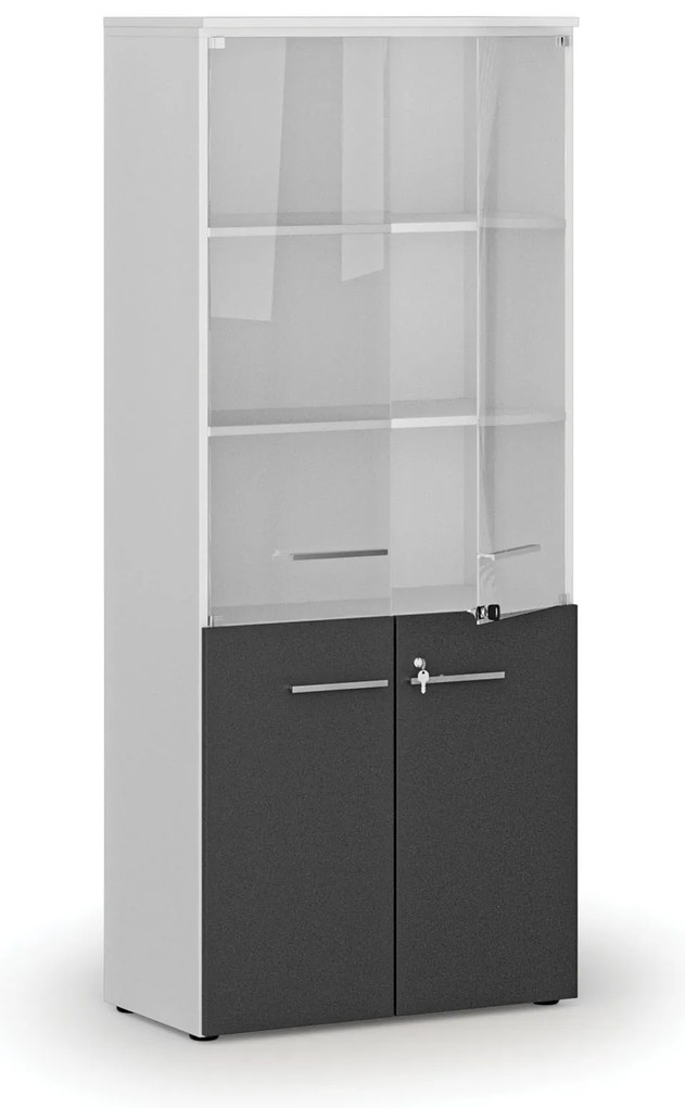 Kombinovaná kancelárska skriňa PRIMO WHITE s drevenými a sklenenými dverami, 800 x 420 x 1781 mm, biela/grafit