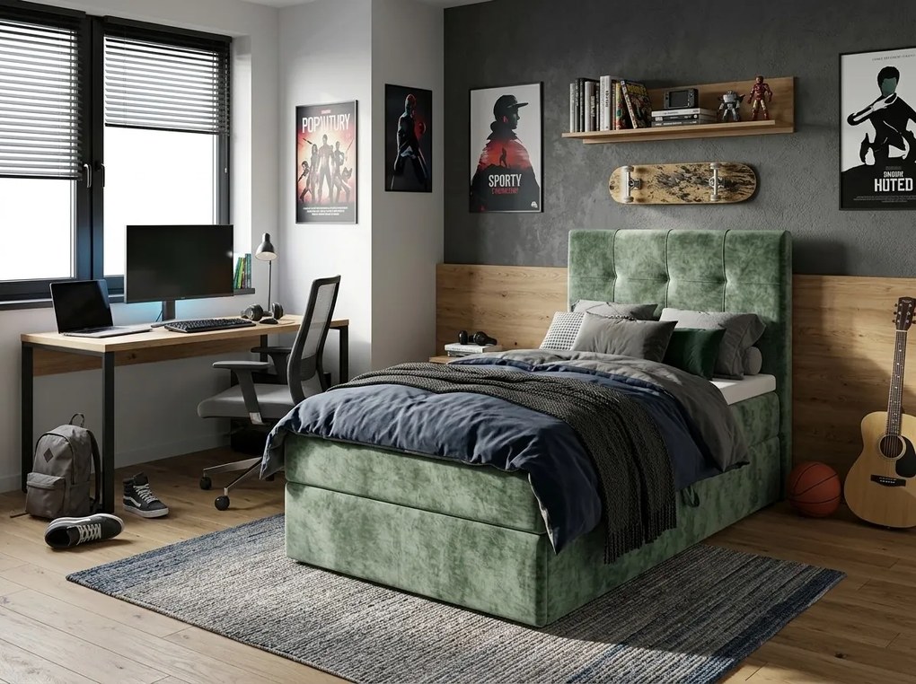 Čalúnená posteľ boxspring DIRELIS VIBE 90x200 cm tmavozelená Matrac: Matrac Bonell pružinový