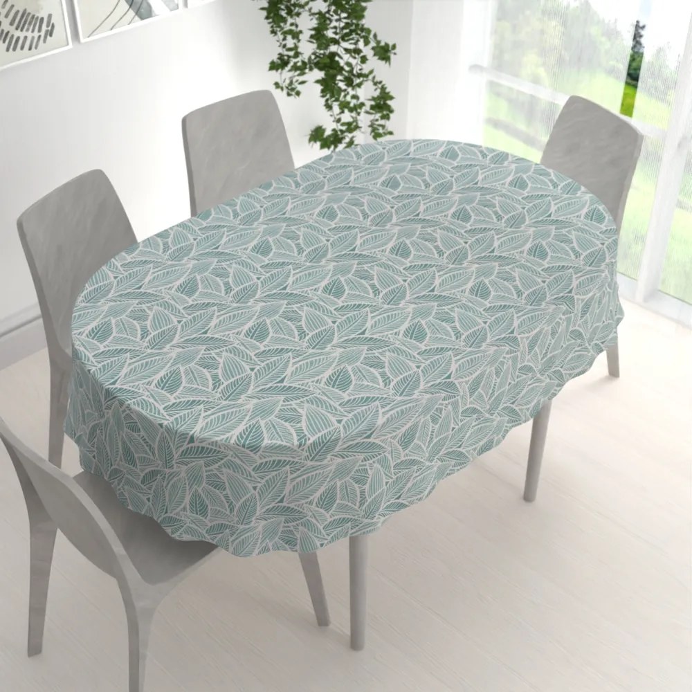 Biante Veľký dekoračný oválny obrus Leona LN-166 Biele listy na modrozelenom 180x260 cm
