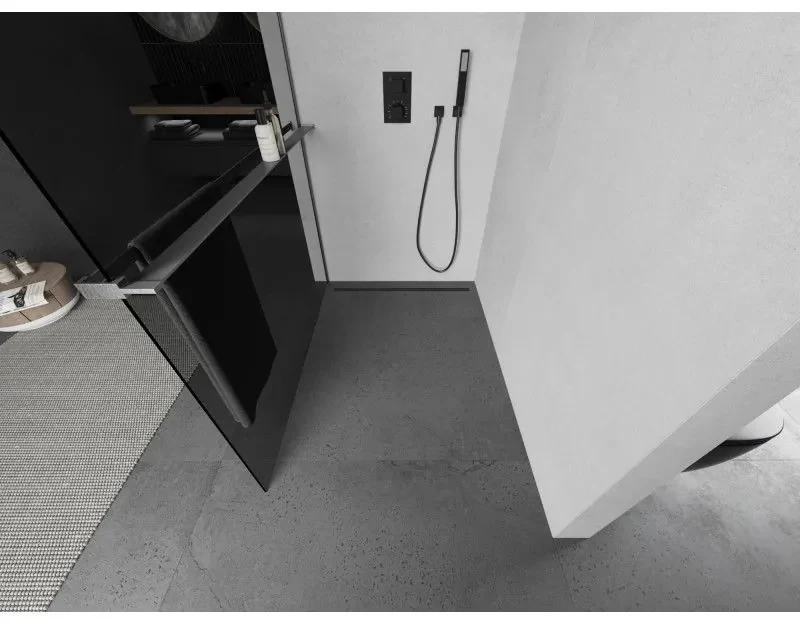 Mexen Kioto+, sprchová zástena Walk-In s poličkou a vešiakom 130 x 200 cm, 8mm šedé sklo, grafitový profil, 800-130-121-66-40