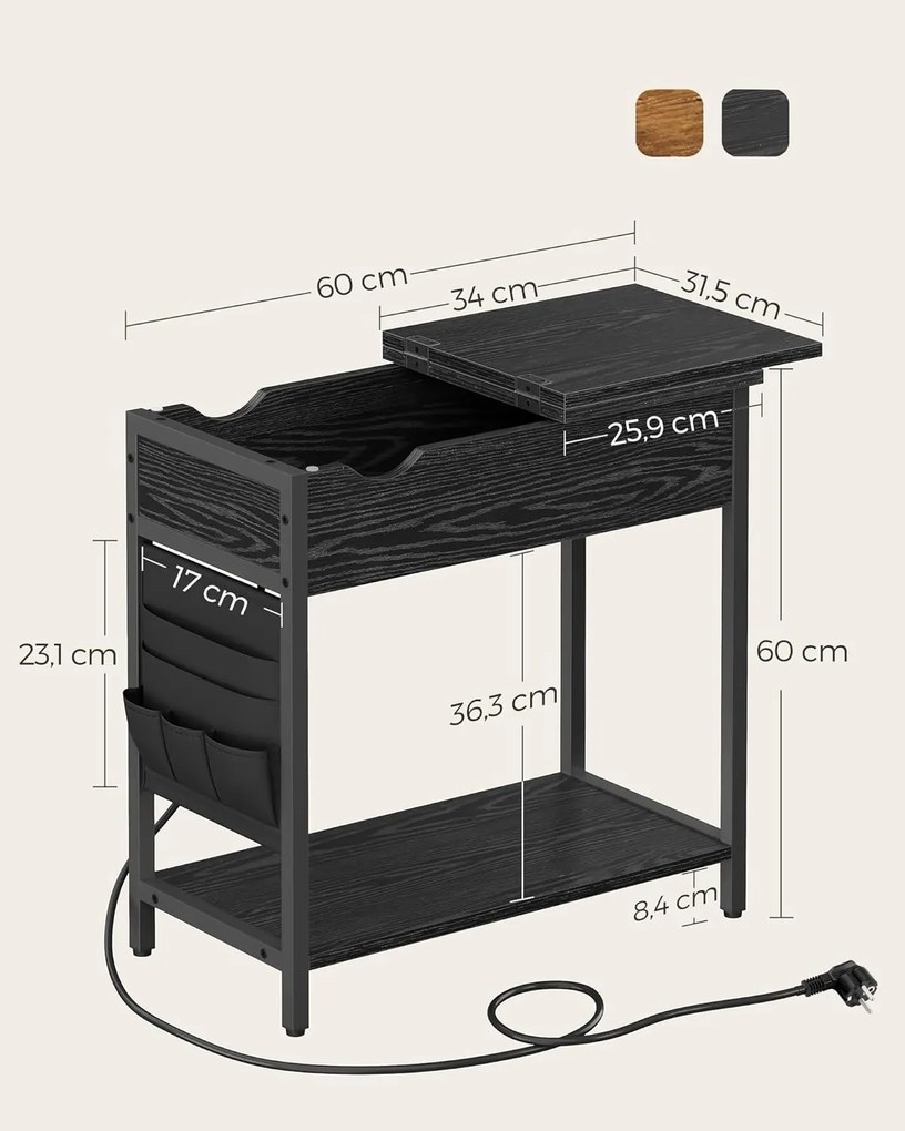 Odkladací stolík Vasagle Laurin s USB portami čierny