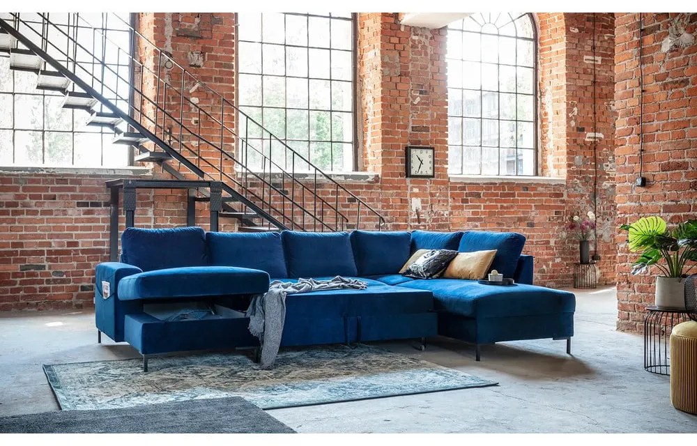 Námorníckymodrá zamatová rozkladacia pohovka do "U" Miuform Lofty Lilly, pravý roh