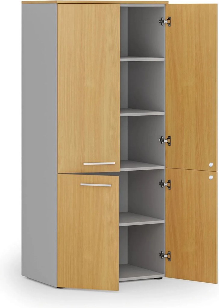 Kancelárska policová skriňa PRIMO GRAY, polené dvere, 800 x 500 x 1781 mm, sivá/buk