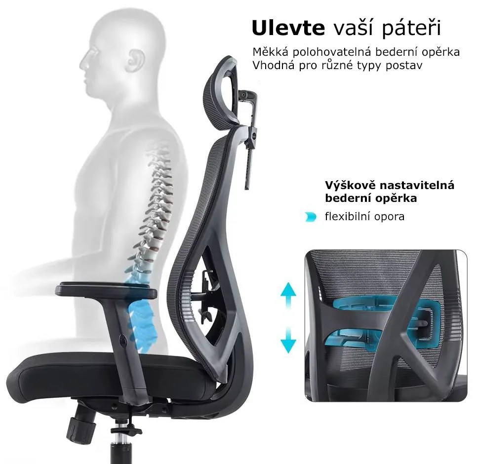 Kancelárska ergonomická stolička Neoseat FLEX PRO — sieť / látka, čierna, nosnosť 150 kg