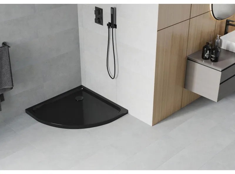 Mexen SLIM - Štvrťkruhová sprchová vanička 80x80x5cm + čierny sifón, čierna, 41708080B