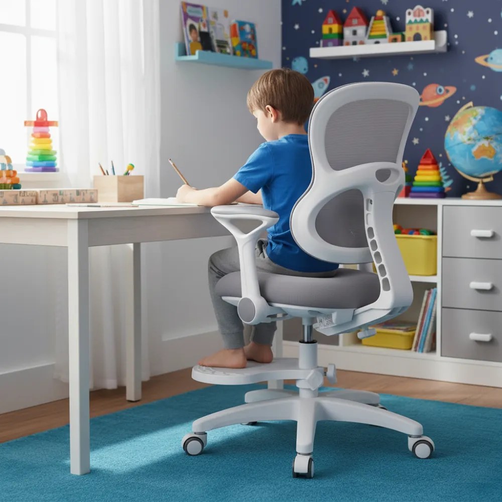 Detská rastúca stolička Neoseat JUNI 006 — látka, prateľný poťah, sivá