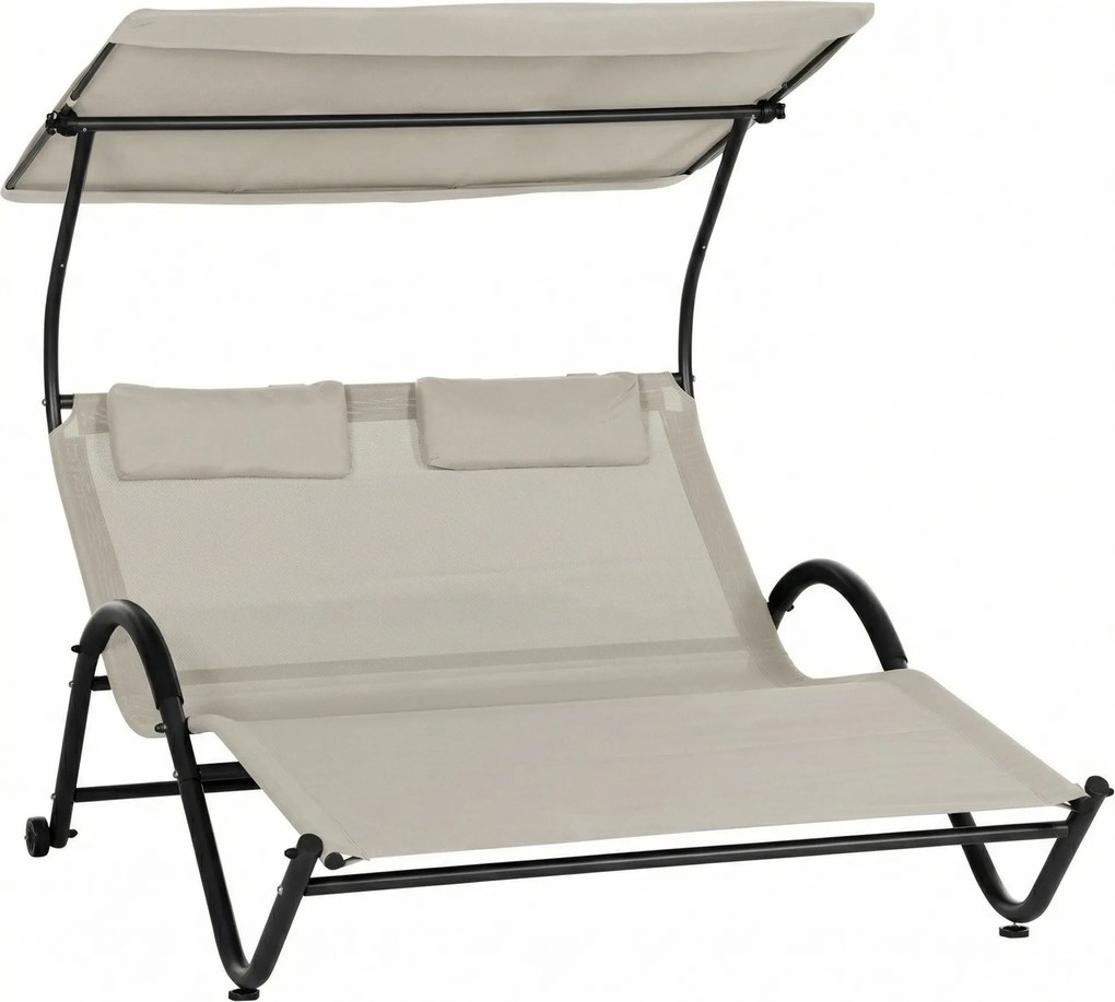 Outsunny dvojmiestne ležadlo s nastaviteľnou strieškou, opierkami hlavy a kolieskami — oceľ/polyester, krémové — 200 x 137 x 138 cm | Aosom