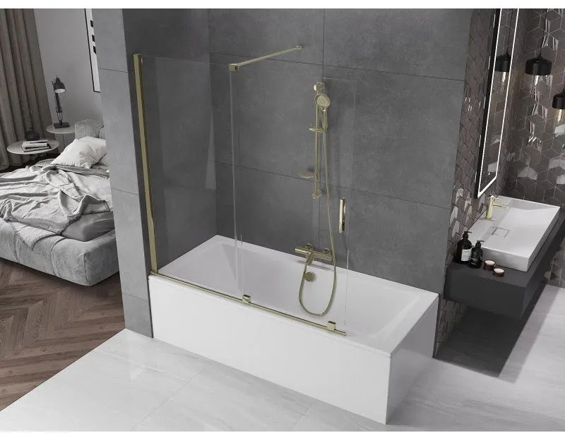 Mexen Velar, 2-krídlová posuvná vaňová zástena 150 x 150 cm, 8mm číre sklo, zlatý lesklý profil, 896-150-000-01-50
