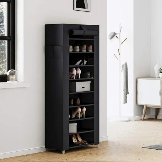 Úložný regál s veľkou kapacitou, botník 10-úrovňový, 28 x 58 x 160 cm, čierny