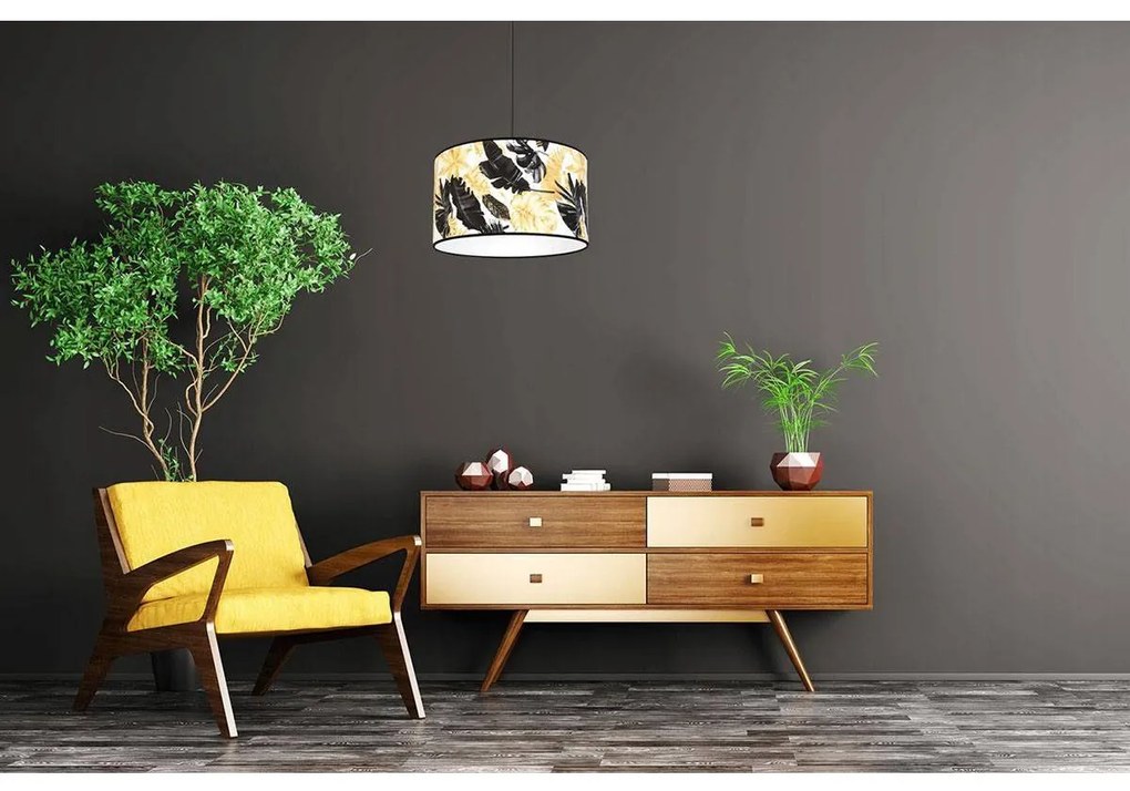 Závesné svietidlo Gold Flowers, 1x biele textilné tienidlo s kvetinovým vzorom, (výber z 2 farieb konštrukcie), (fi 35cm)