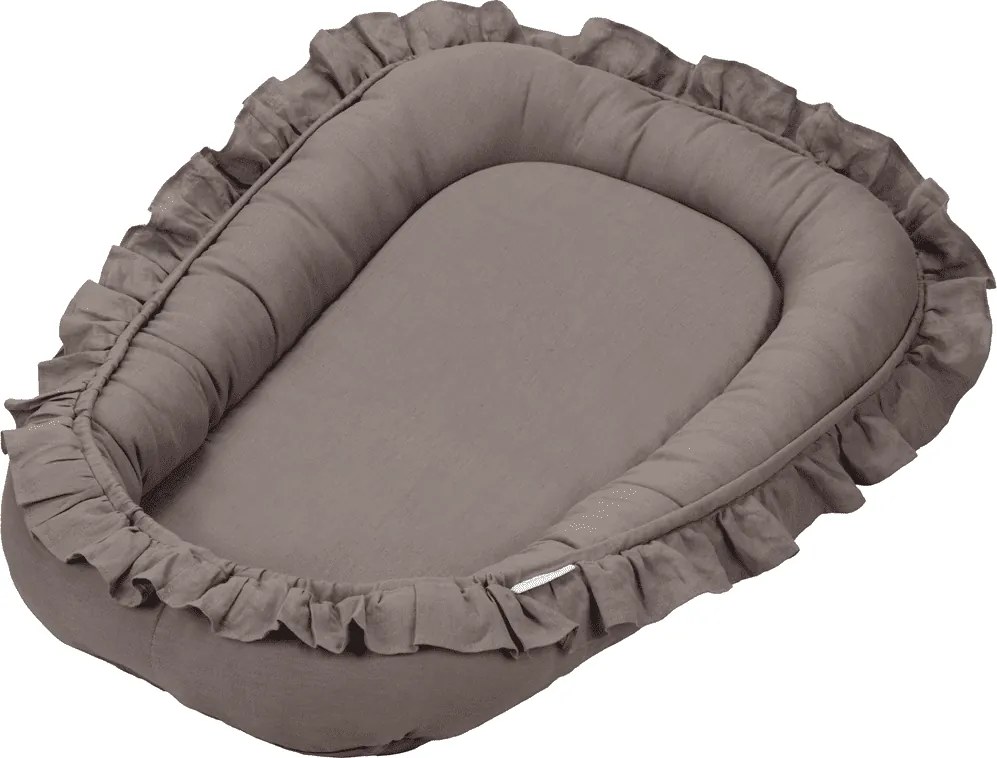 Ľanové hniezdo pre bábätko s volánom tmavo šedá