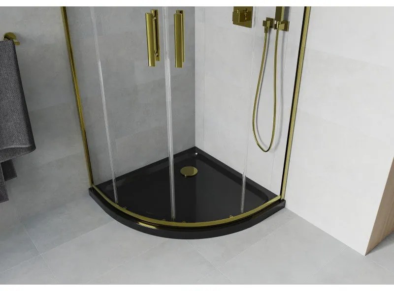 Mexen Rio, štvrťkruhový sprchovací kút s posuvnými dverami 80(dvere) x 80(dvere) x 190 cm, 6mm číre sklo, zlatý profil + čierna sprchová vanička SLIM, 863-080-080-50-00-4170G