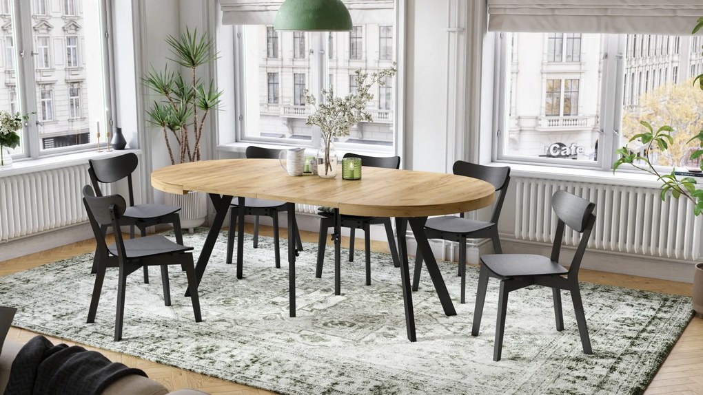 EXPANSO Dub Craft Zlatý / čierne nohy - VEĽKÝ OKRÚHLY STÔL Ø110 ROZKLADACÍ AŽ DO 310 cm S NOHAMI Y LOFTOVÝ / INDUSTRIÁLNY