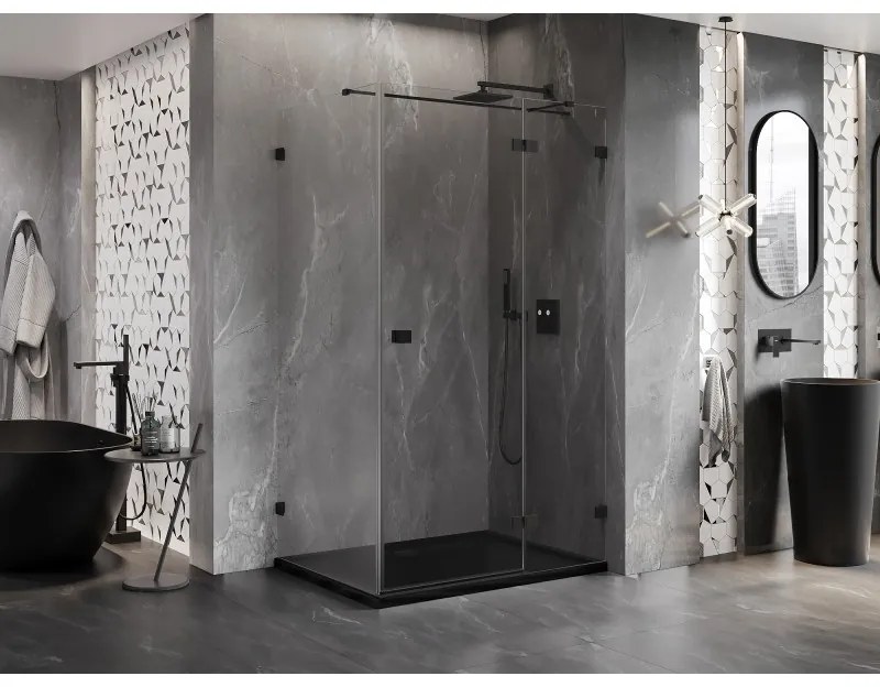 Mexen Lunar T pravý výklopný sprchový kút 140 x 100 cm, číre sklo, čierna matná, 834T-140-100-70-00-P