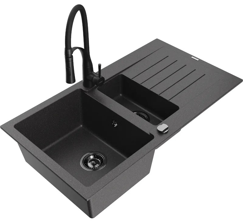 Mexen Matias, granitový drez 900x505x200 mm, 1,5-komorový a drezová batéria Aster, čierna škvrnitá, 6502-76-73450-70-B