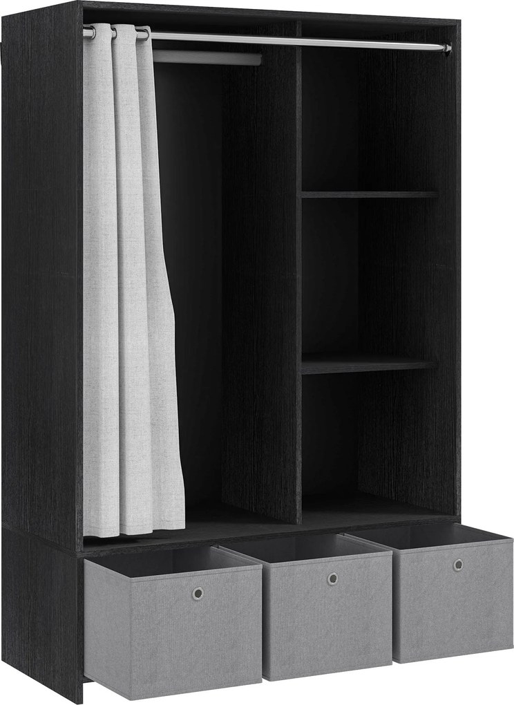 HOMCOM Šatník s nastaviteľným závesom, nábytok do spálne s 3 oddeleniami a 3 vyberateľnými textilnými zásuvkami - 105 x 48 x 160 cm, čierny | Aosom